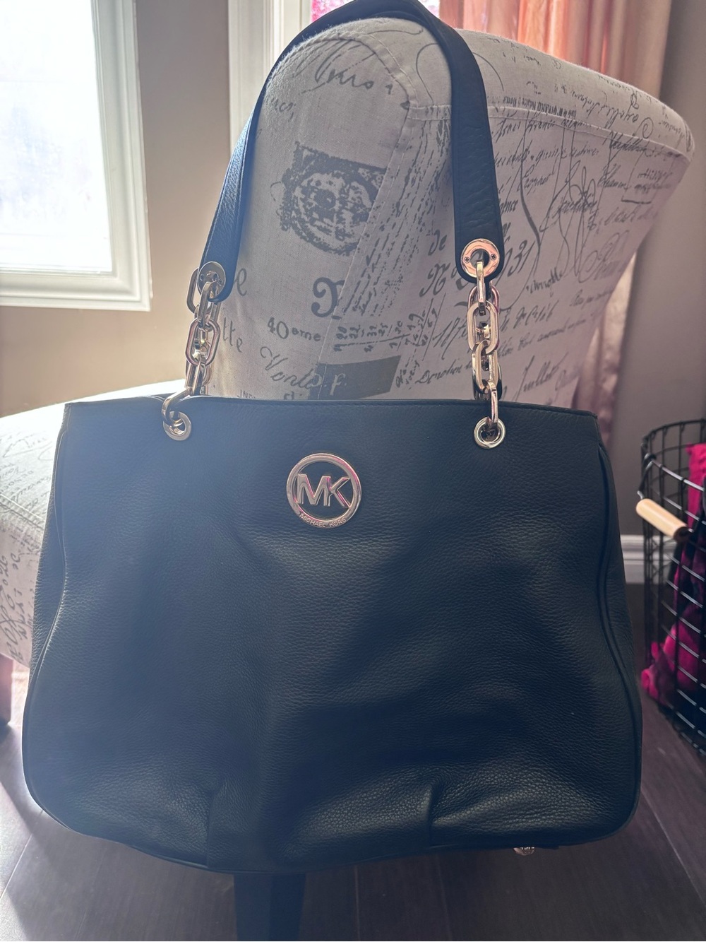Michael Kors Black Leather Tote with Gold MK Coin